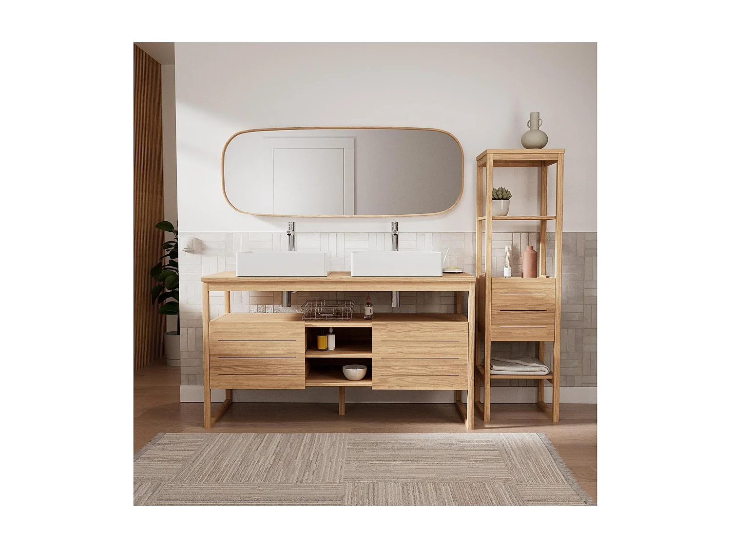 140 cm dubbele spoelbak + spoelbakken + kranen + spiegel + ATOLL-kolom