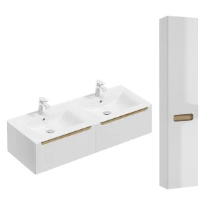 Ensemble meuble double vasque encastrée 120cm 2 tiroirs et colonne Livia Blanc et Bois Ensemble meuble double vasque encastrée 120cm 2 tiroirs et colonne Livia Blanc et Bois