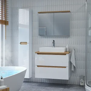 Ensemble meuble simple vasque 80cm 2 tiroirs et colonne Livia Blanc et Bois Ensemble meuble simple vasque 80cm 2 tiroirs et colonne Livia Blanc et Bois