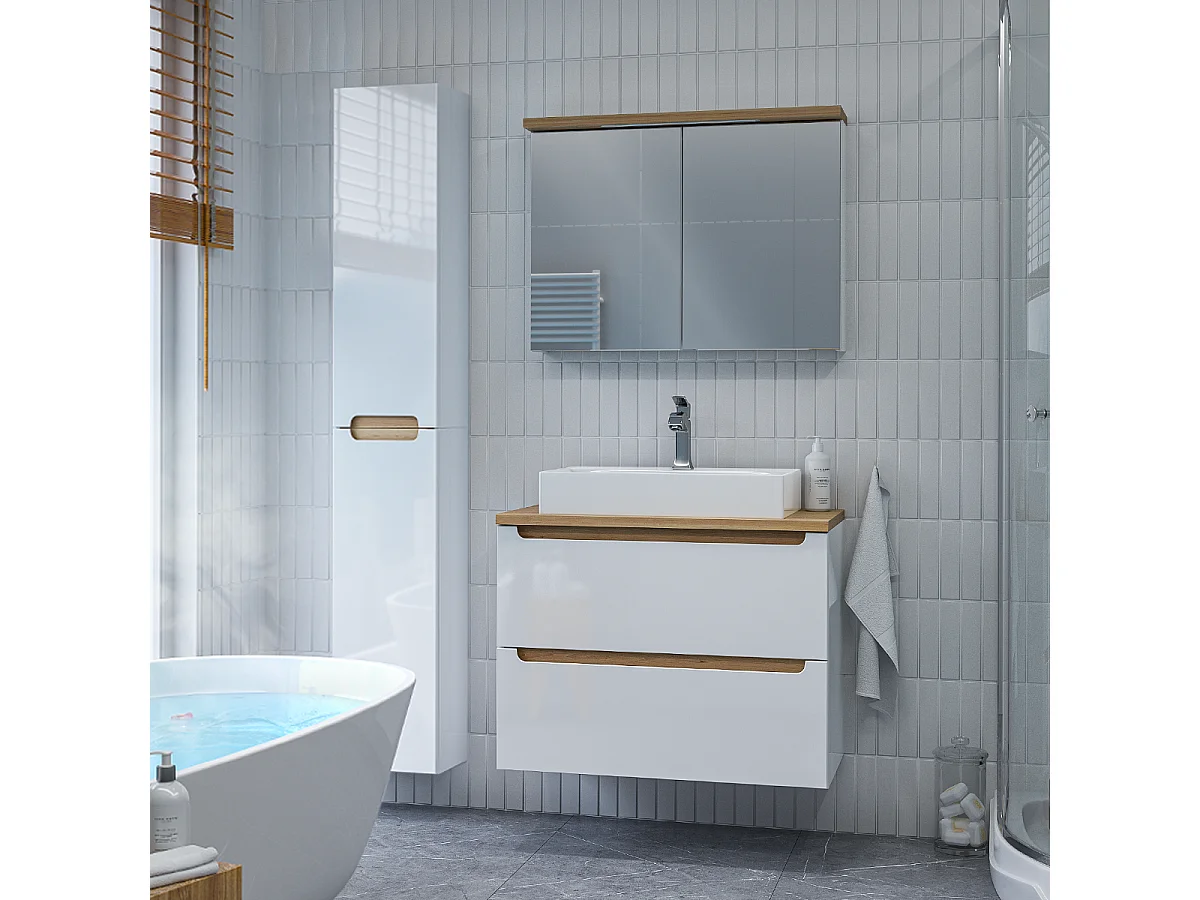 Ensemble meuble simple vasque 80cm 2 tiroirs et colonne Livia Blanc et Bois