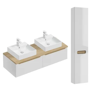 Ensemble meuble double vasque 120cm 2 tiroirs et colonne Livia Blanc et Bois Ensemble meuble double vasque 120cm 2 tiroirs et colonne Livia Blanc et Bois