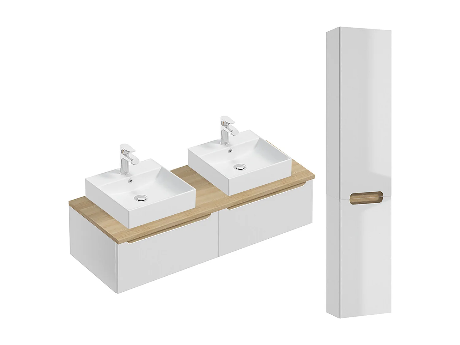 Ensemble meuble double vasque 120cm 2 tiroirs et colonne Livia Blanc et Bois