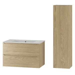 Badkamerset 80 cm Kast met wastafel Kolom Eiken geolied Etna Badkamerset 80 cm Kast met wastafel Kolom Eiken geolied Etna