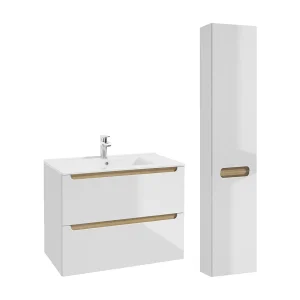 Ensemble meuble simple vasque encastrée 80cm 2 tiroirs et colonne Livia Blanc et Bois Ensemble meuble simple vasque encastrée 80cm 2 tiroirs et colonne Livia Blanc et Bois
