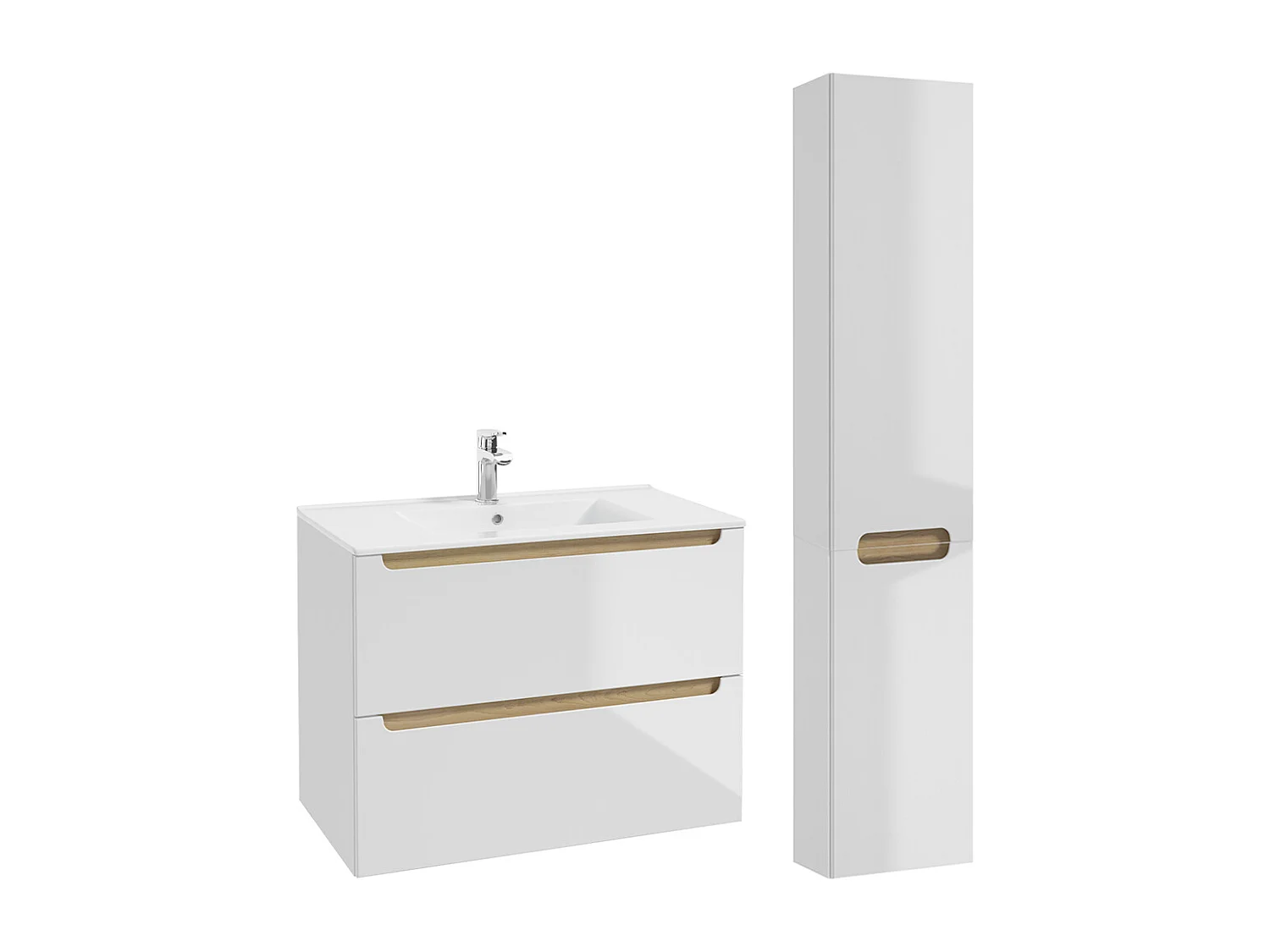 Ensemble meuble simple vasque encastrée 80cm 2 tiroirs et colonne Livia Blanc et Bois