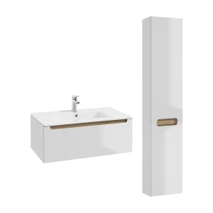 80cm enkele wastafel met 1 lade en Livia sokkel in wit en hout