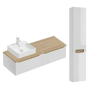 Ensemble meuble simple vasque 120cm 2 tiroirs et colonne Livia Blanc et Bois Ensemble meuble simple vasque 120cm 2 tiroirs et colonne Livia Blanc et Bois