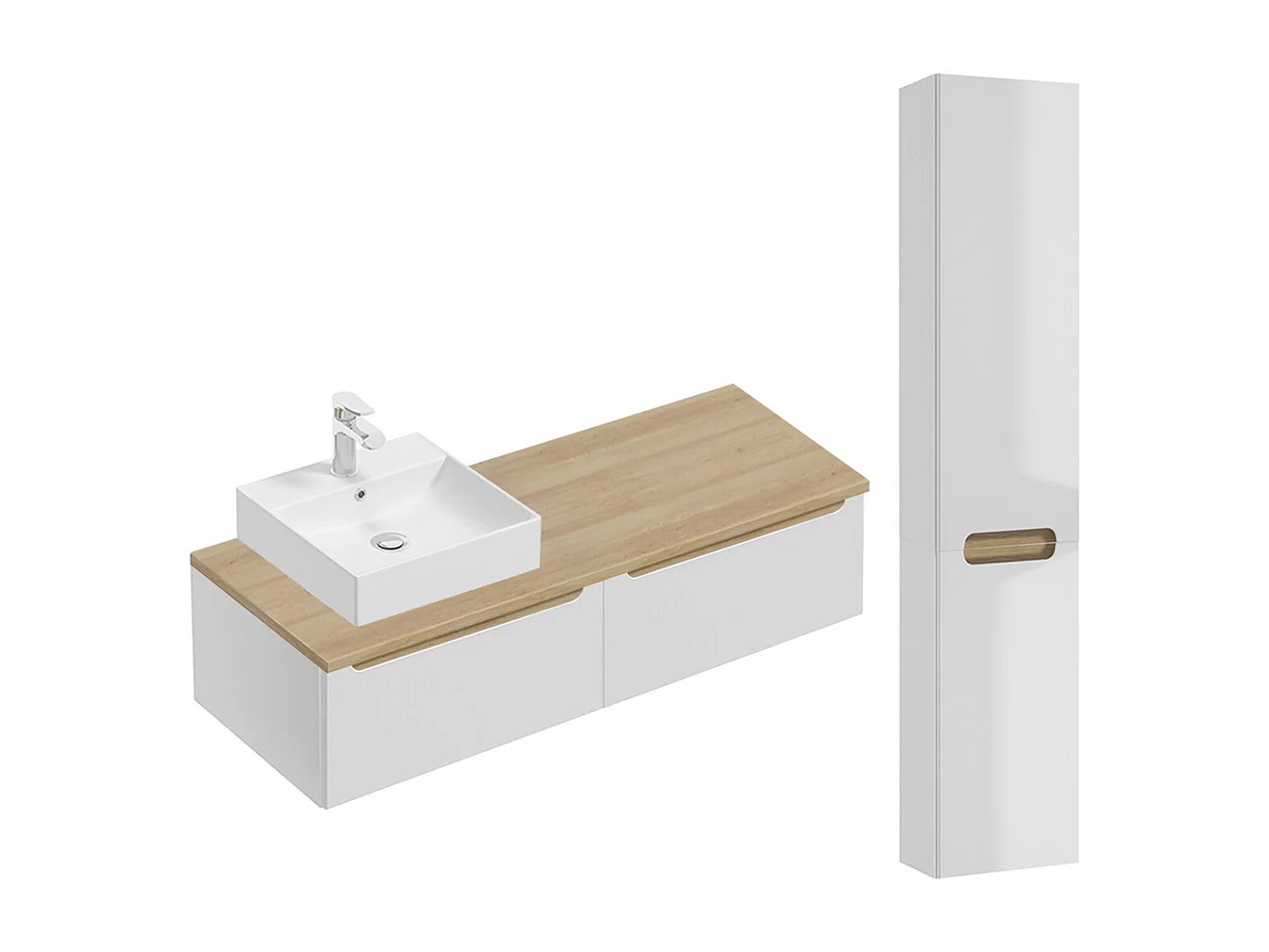 Ensemble meuble simple vasque 120cm 2 tiroirs et colonne Livia Blanc et Bois