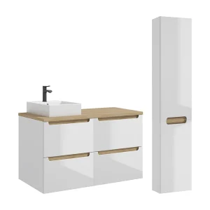 120cm 4-lades wastafelmeubel met Livia wit en houten kolom 120cm 4-lades wastafelmeubel met Livia wit en houten kolom