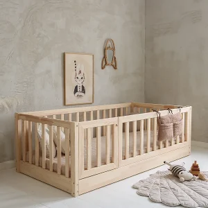 Vloerbed 120×200 met linkse ingang, spijlen en lattenbodem Bambino Bois