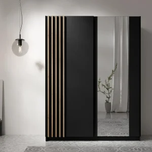 AX LIVING Kledingkast Beralto zwart met spiegel 150 cm lamellen