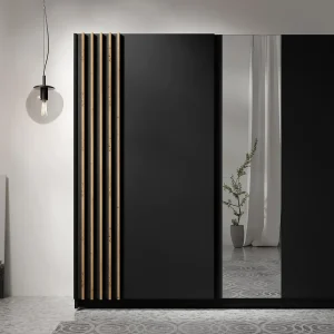 AX LIVING Kledingkast Beralto zwart met spiegel 202 cm Artisan lamellen