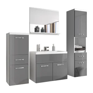 Moderne badmeubels, hangende set met wastafel, spiegel en kolomkasten, corpus wit mat / fronten grijs hoogglans Moderne badmeubels, hangende set met wastafel, spiegel en kolomkasten, corpus wit mat / fronten grijs hoogglans