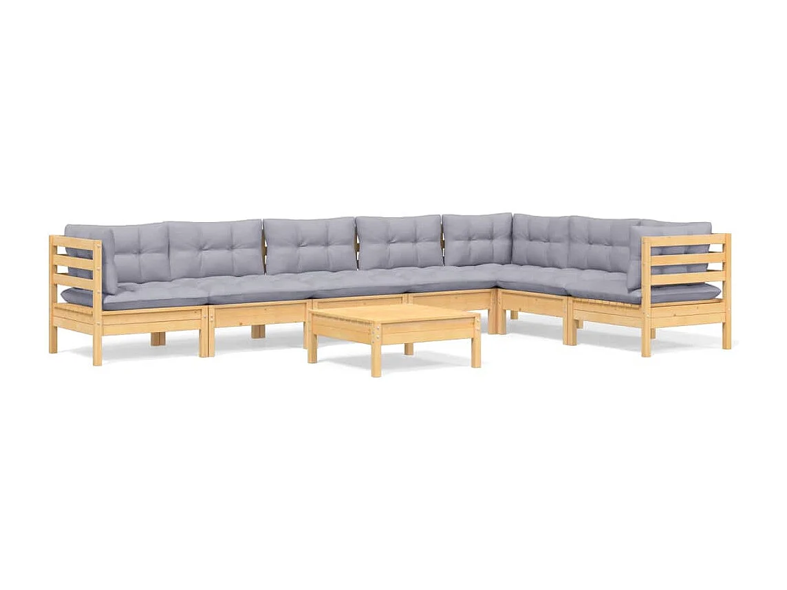 8-delige Loungeset met grijze kussens grenenhout