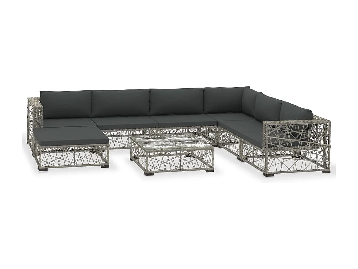 8-delige Loungeset met kussens poly rattan grijs