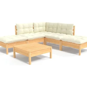 6-delige Loungeset met crèmekleurige kussens grenenhout 6-delige Loungeset met crèmekleurige kussens grenenhout