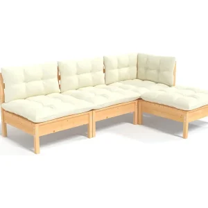 4-delige Loungeset met crèmekleurige kussens grenenhout