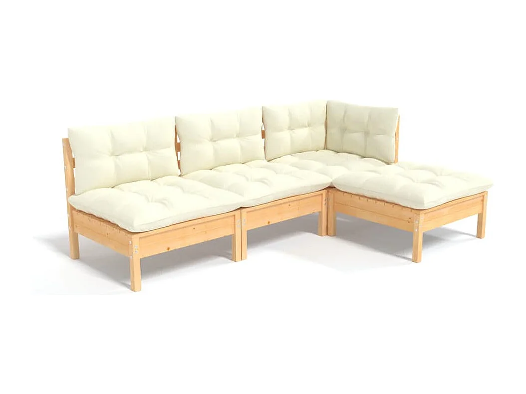4-delige Loungeset met crèmekleurige kussens grenenhout