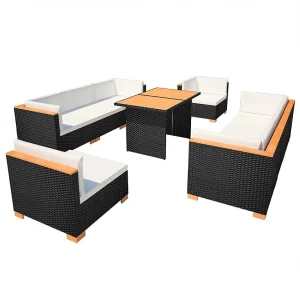 10-delige Loungeset met kussens poly rattan zwart 10-delige Loungeset met kussens poly rattan zwart