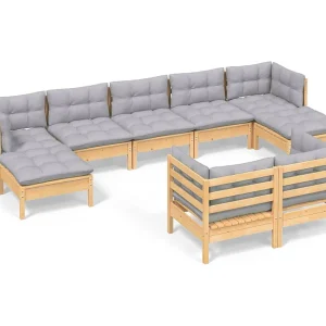 9-delige Loungeset met grijze kussens massief grenenhout 9-delige Loungeset met grijze kussens massief grenenhout