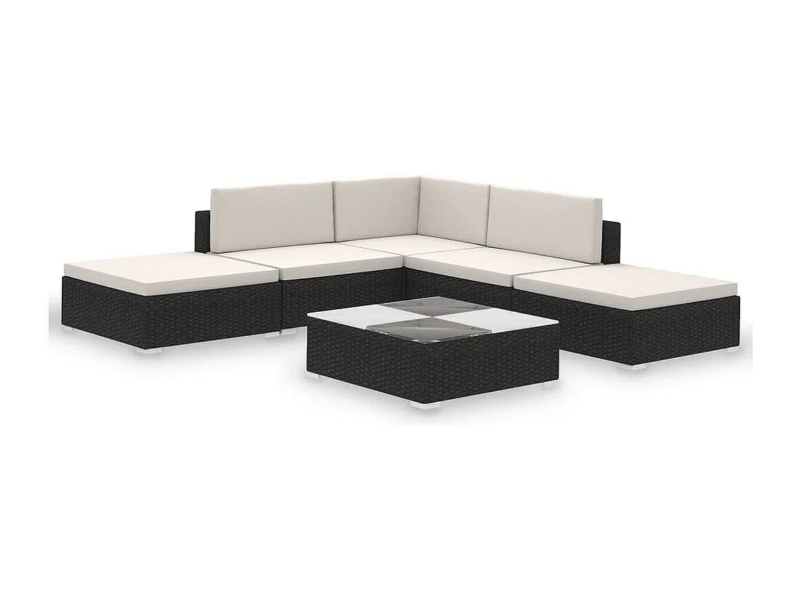 6-delige Loungeset met kussens poly rattan zwart