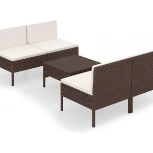 5-delige Loungeset met kussens poly rattan bruin