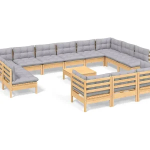 14-delige Loungeset met grijze kussens grenenhout