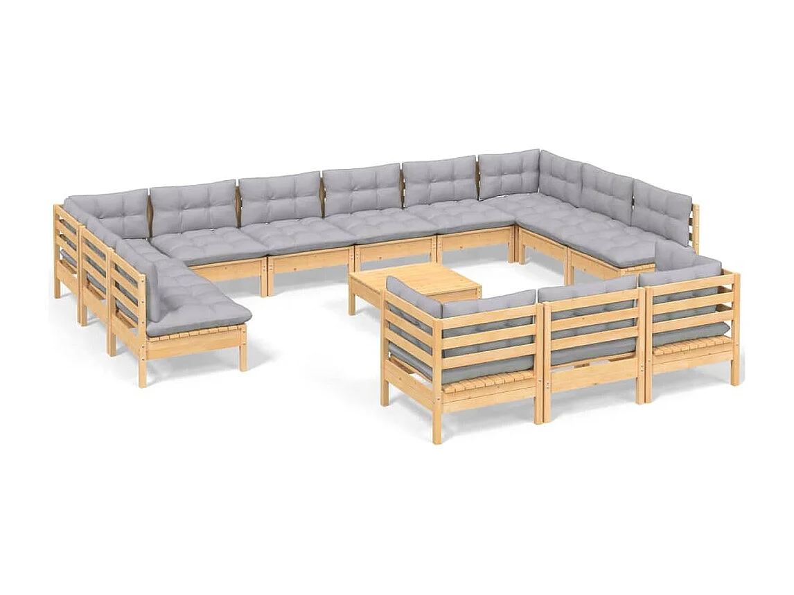 14-delige Loungeset met grijze kussens grenenhout