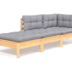 3-delige Loungeset met grijze kussens massief grenenhout 3-delige Loungeset met grijze kussens massief grenenhout