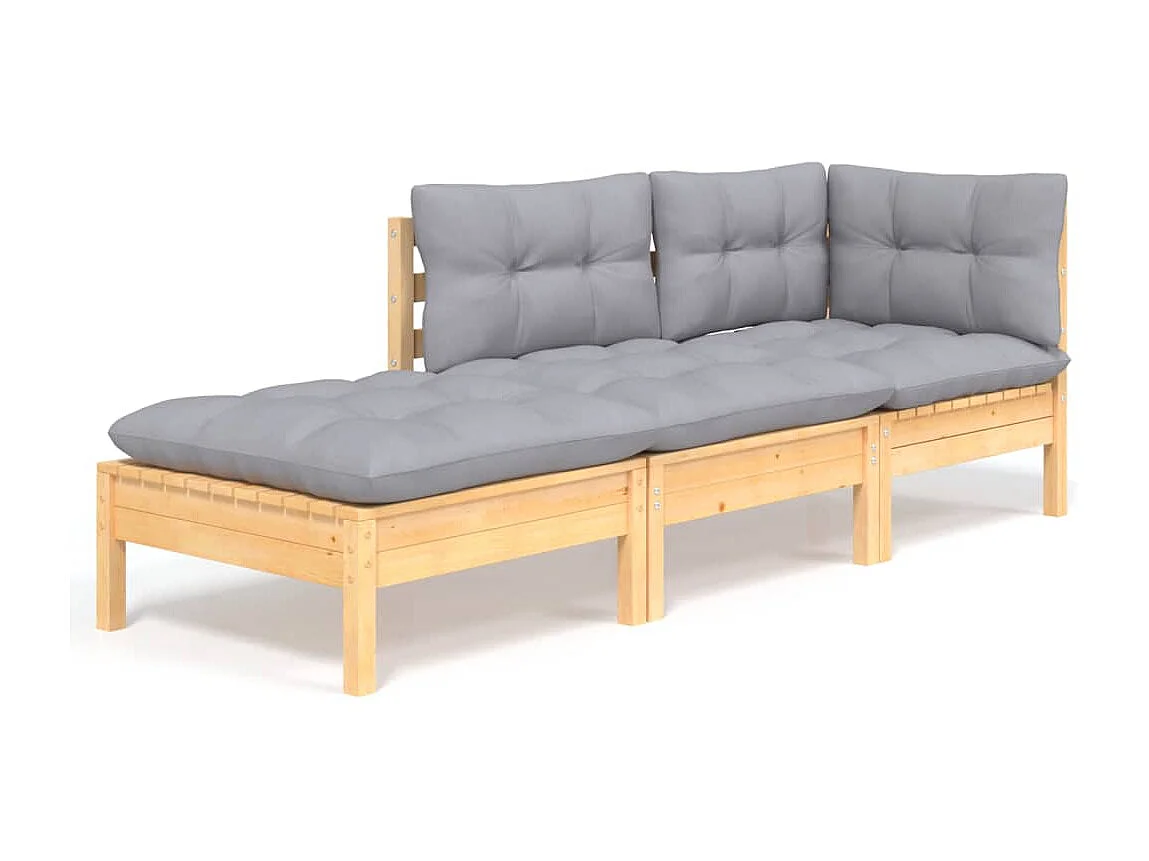 3-delige Loungeset met grijze kussens massief grenenhout