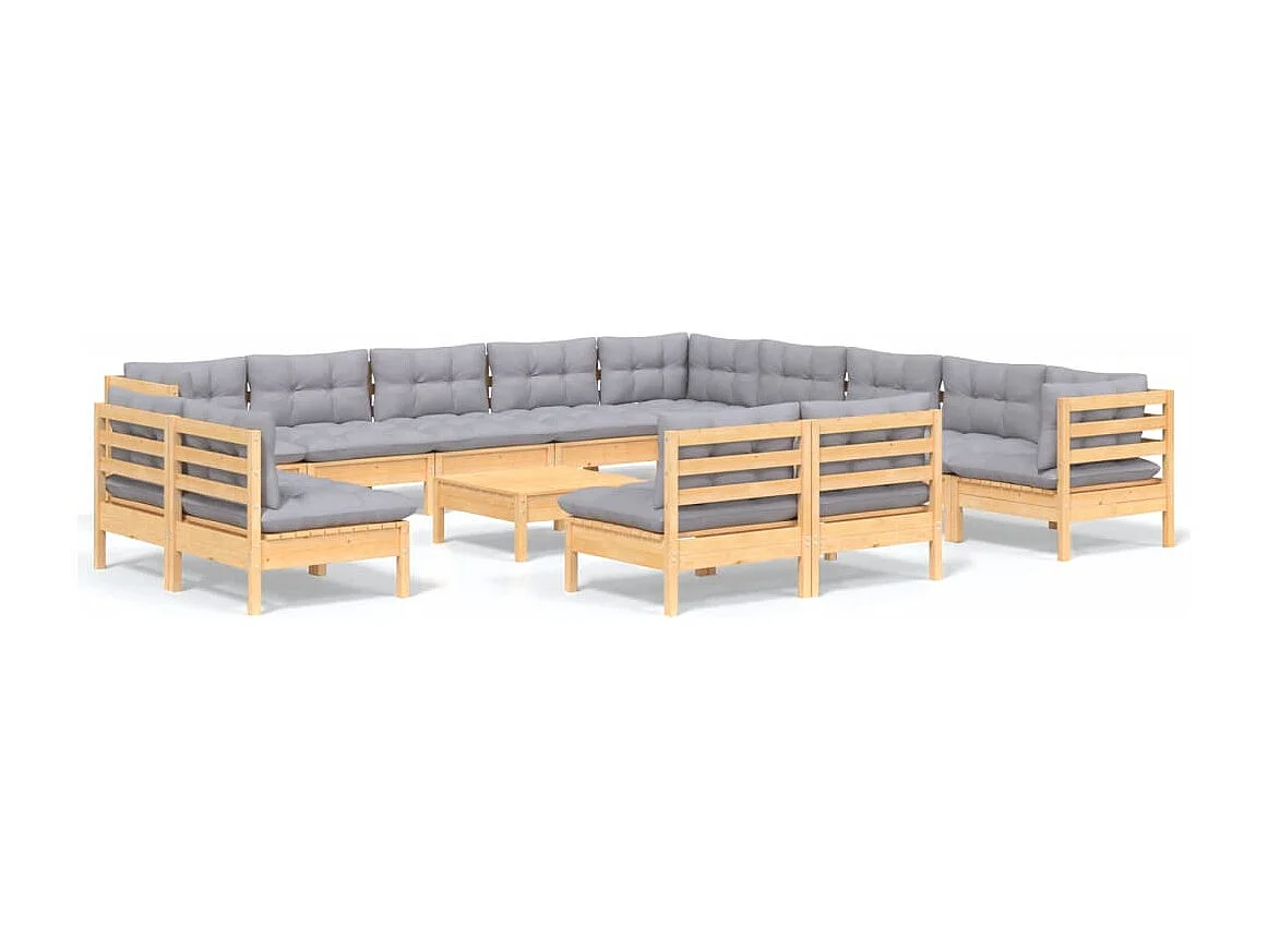 14-delige Loungeset met grijze kussens massief grenenhout