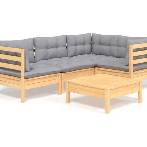 5-delige Loungeset met grijze kussens grenenhout