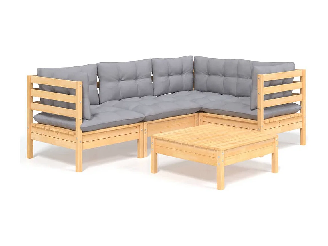 5-delige Loungeset met grijze kussens grenenhout