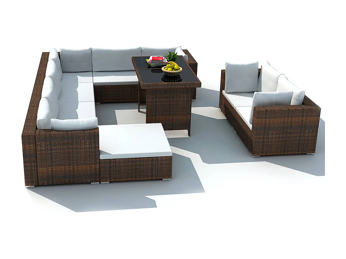 10-delige Loungeset met kussens poly rattan bruin