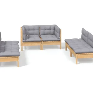 6-delige Loungeset met grijze kussens grenenhout 6-delige Loungeset met grijze kussens grenenhout