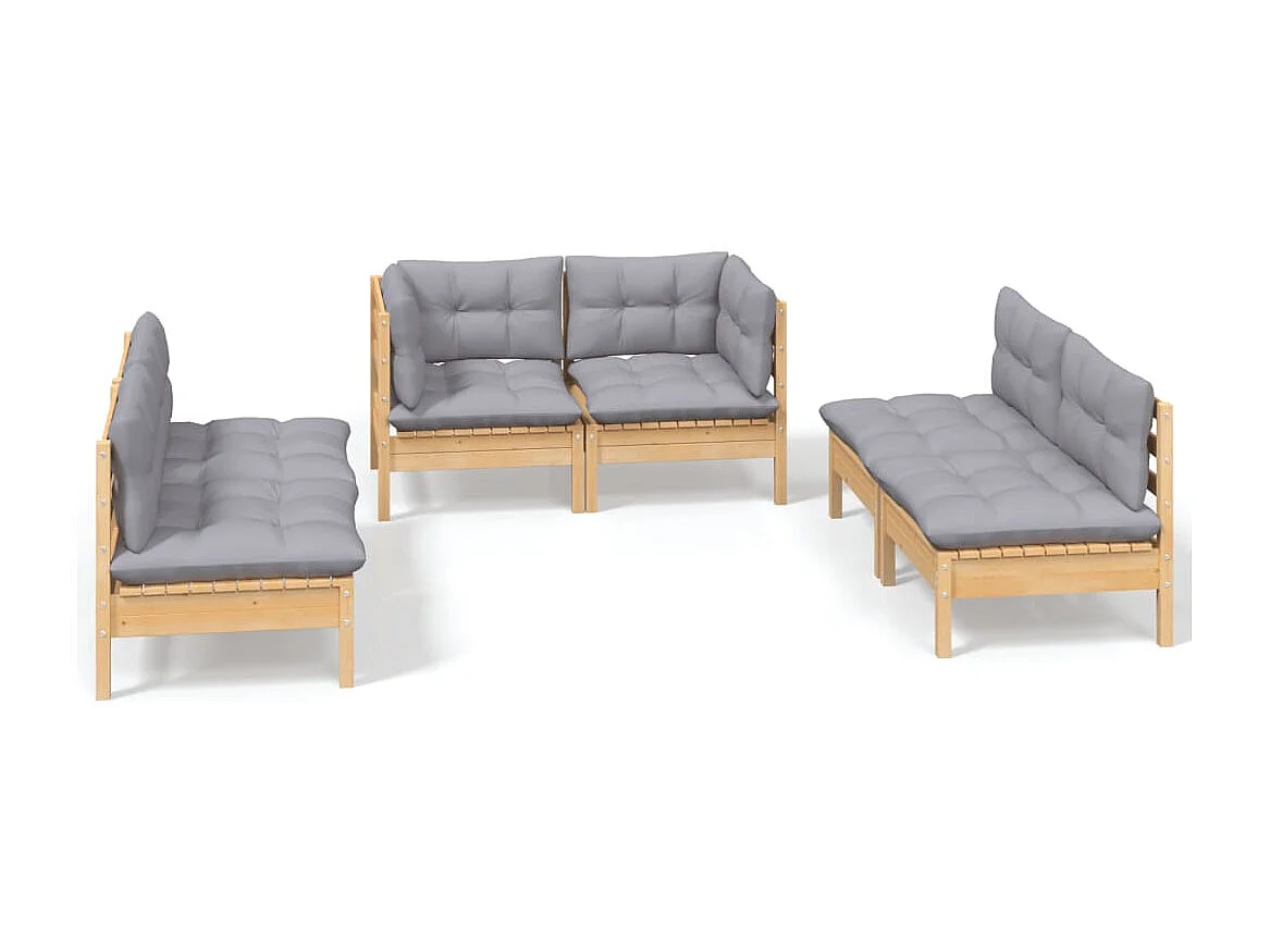 6-delige Loungeset met grijze kussens grenenhout