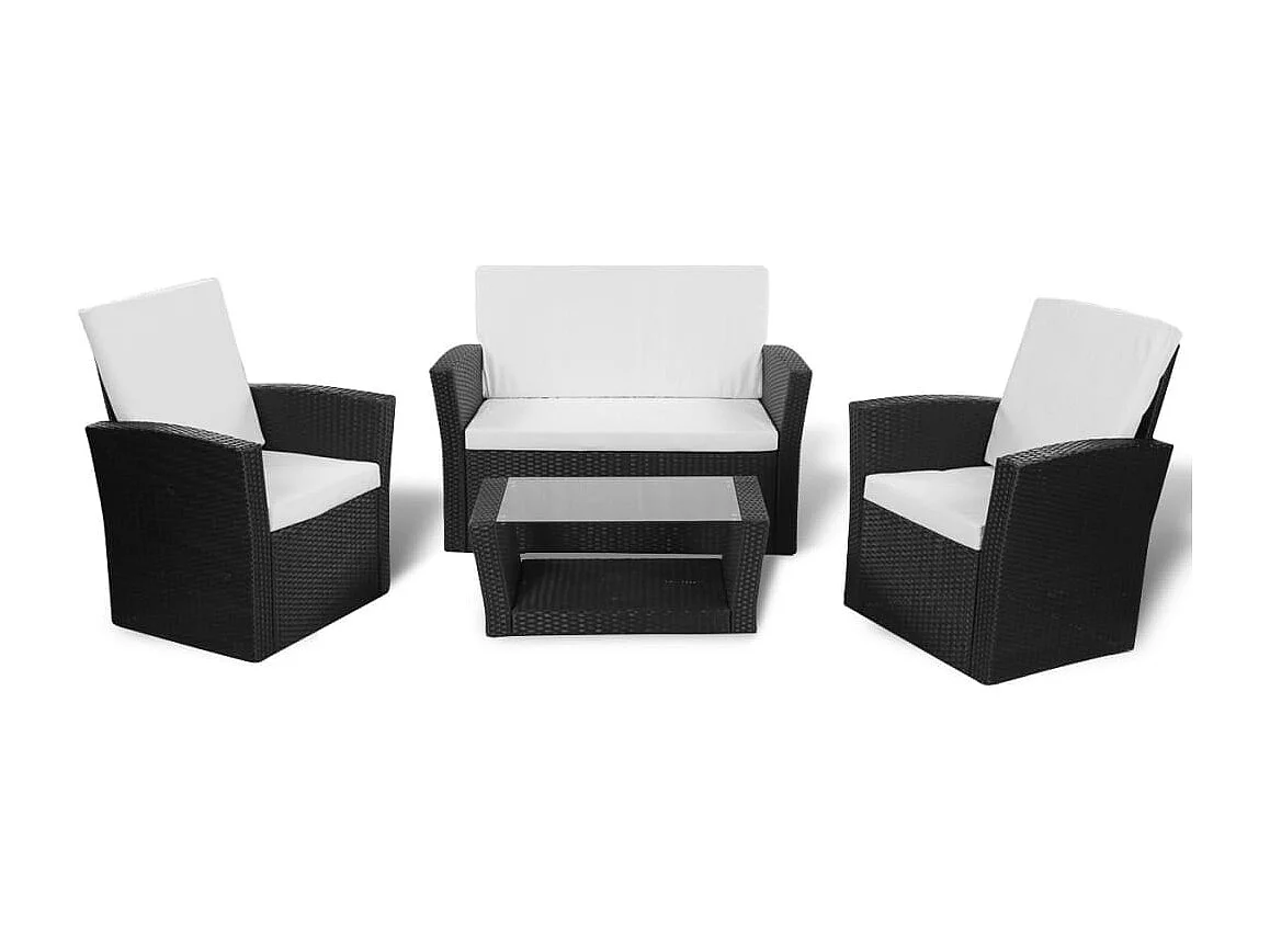 4-delige Loungeset met kussens poly rattan zwart