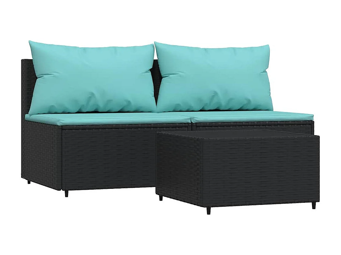 3-delige Loungeset met kussens poly rattan zwart