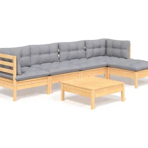 6-delige Loungeset met grijze kussens grenenhout 6-delige Loungeset met grijze kussens grenenhout
