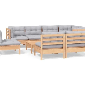 9-delige Loungeset met grijze kussens massief grenenhout 9-delige Loungeset met grijze kussens massief grenenhout