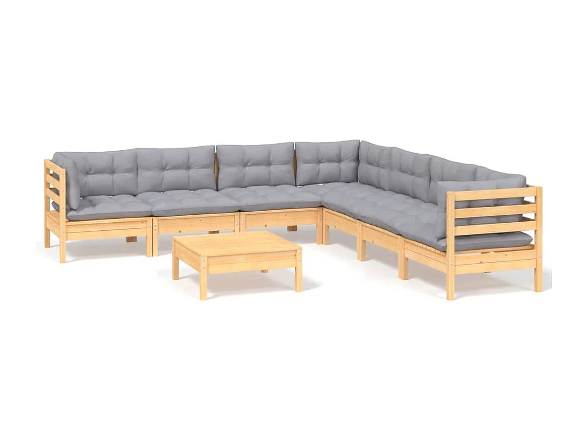 8-delige Loungeset met grijze kussens grenenhout
