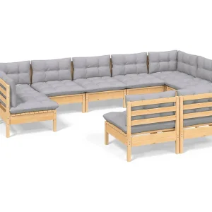 9-delige Loungeset met grijze kussens massief grenenhout 9-delige Loungeset met grijze kussens massief grenenhout