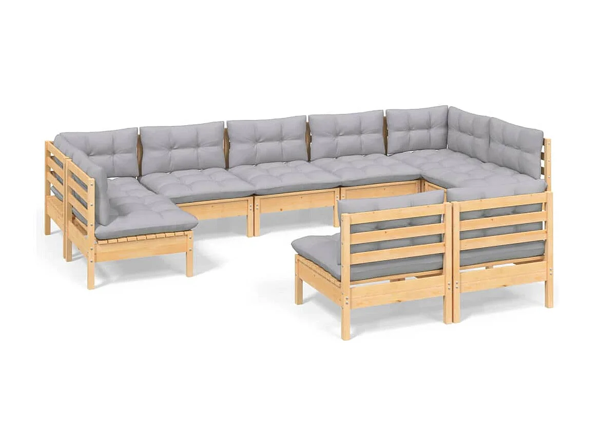 9-delige Loungeset met grijze kussens massief grenenhout