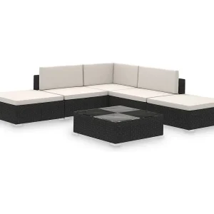 6-delige Loungeset met kussens poly rattan zwart 6-delige Loungeset met kussens poly rattan zwart