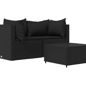 3-delige Loungeset met kussens poly rattan zwart 3-delige Loungeset met kussens poly rattan zwart