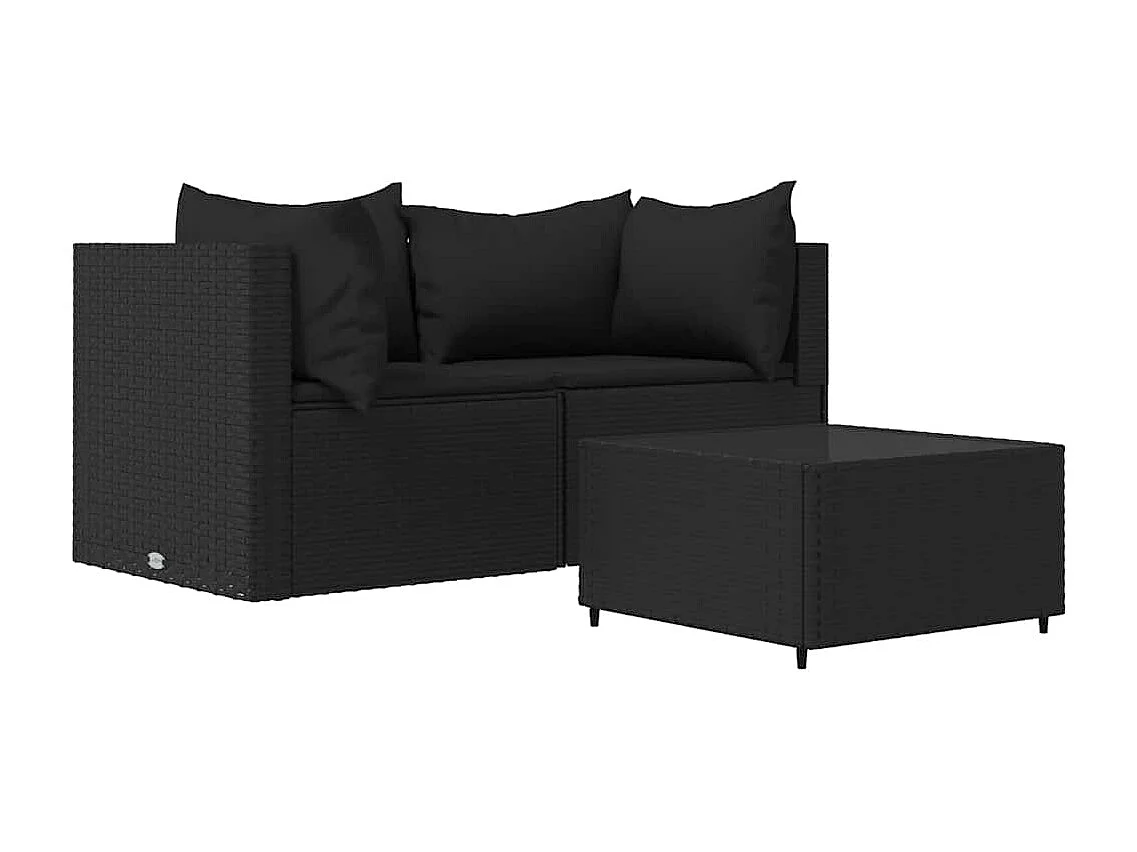 3-delige Loungeset met kussens poly rattan zwart
