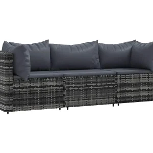 3-delige Loungeset met kussens poly rattan grijs