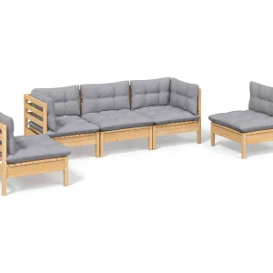 5-delige Loungeset met grijze kussens massief grenenhout