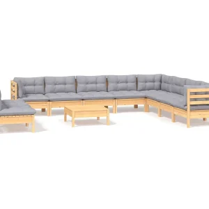 11-delige Loungeset met grijze kussens massief grenenhout 11-delige Loungeset met grijze kussens massief grenenhout
