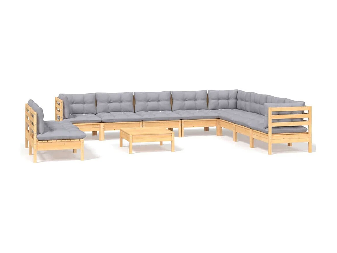 11-delige Loungeset met grijze kussens massief grenenhout